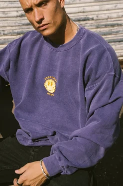 Seasonal Hero 'Trippy Smiler' Embroidered Vintage Washed Sweater - Violet
