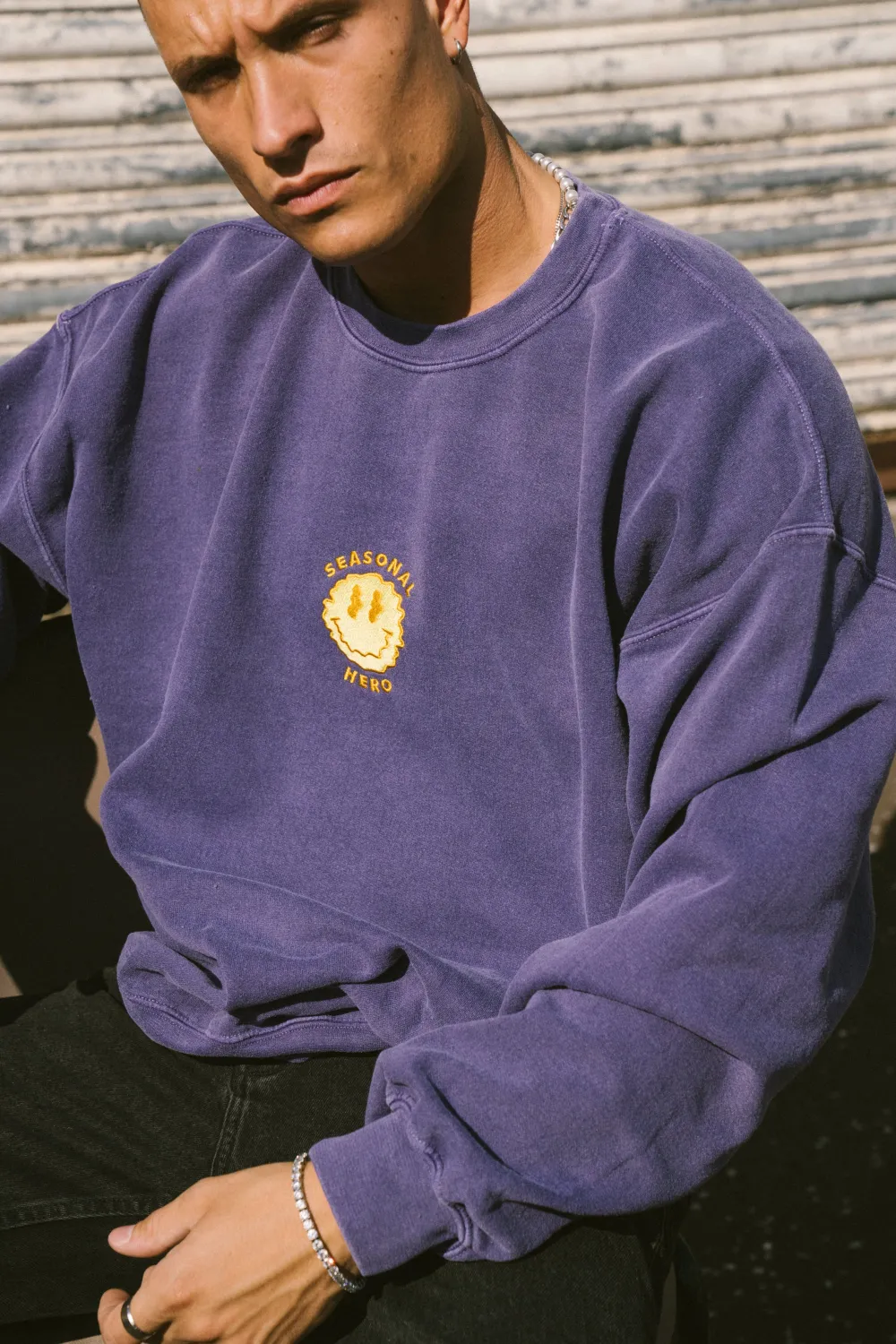 Seasonal Hero 'Trippy Smiler' Embroidered Vintage Washed Sweater - Violet