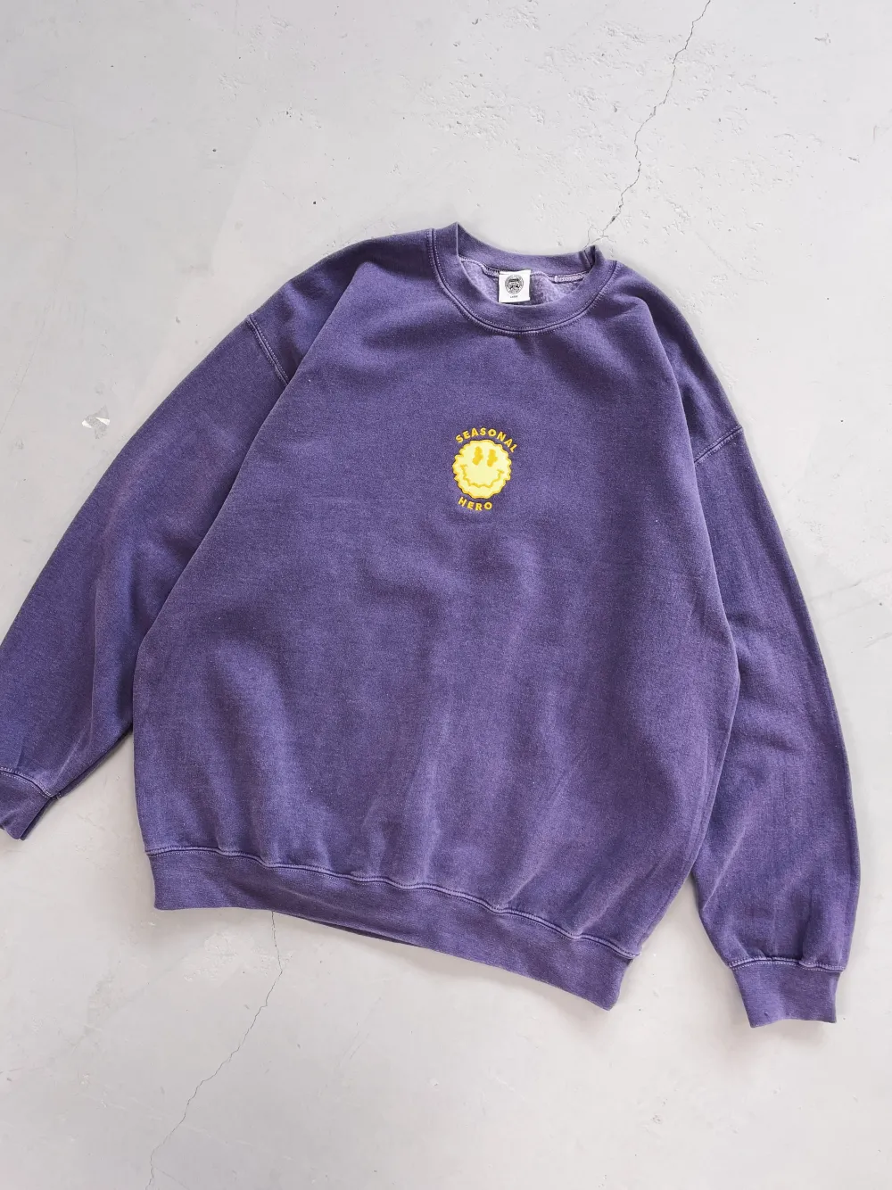 Seasonal Hero 'Trippy Smiler' Embroidered Vintage Washed Sweater - Violet