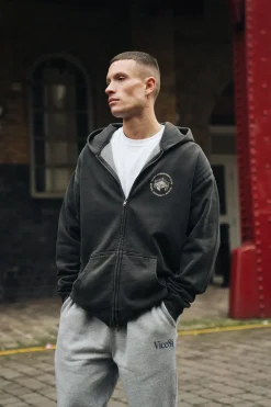 Vice 84 'Hard Yards' Faded Zip Up Hoodie - Black